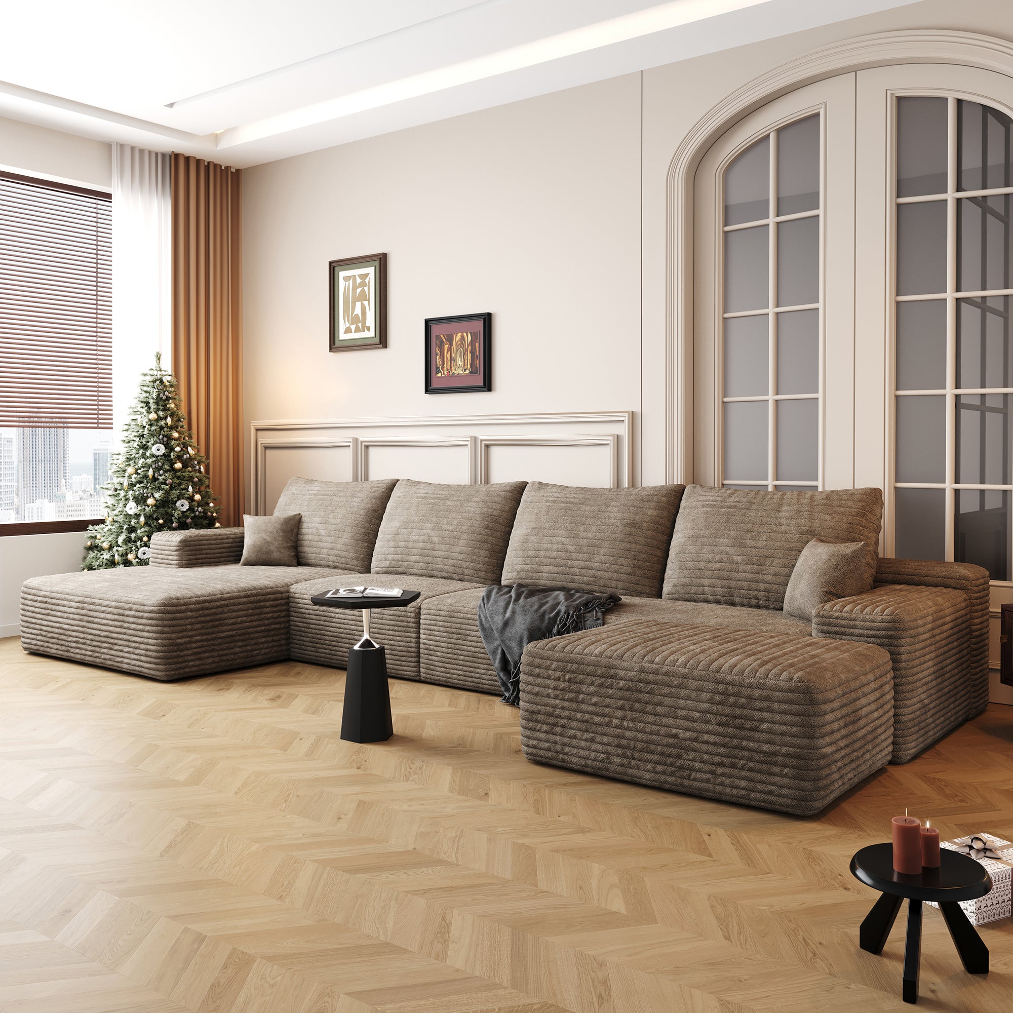 135' Cloud Sectional Sofa with 1 Ottoman,Modern Minimalist Upholstered Couches, Comfort U Shaped Sofa for Living Room,Deep Seat Corner Couch,No Assembly Required,Camel(Plush Corduroy Fabric)