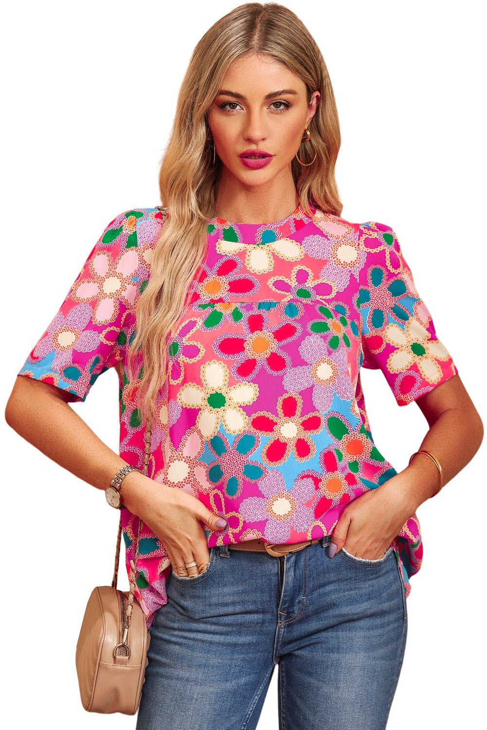 Purple Floral Print Crew Neck Short Sleeve Blouse - Eloy Royal