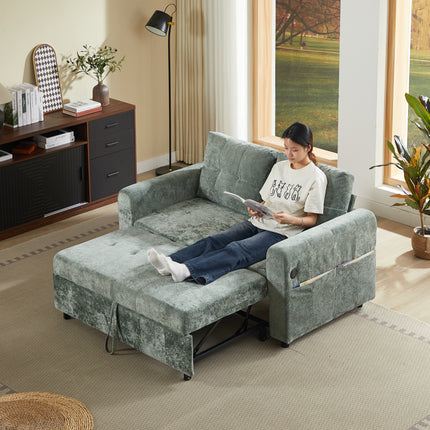 58.27' Loveseat Sofa Pull out Sofa Bed Tufted Sleeper Sofa with an Adjustable Backrest, Three USB Ports and Two Lumbar Pillows for Living Roo, Green
