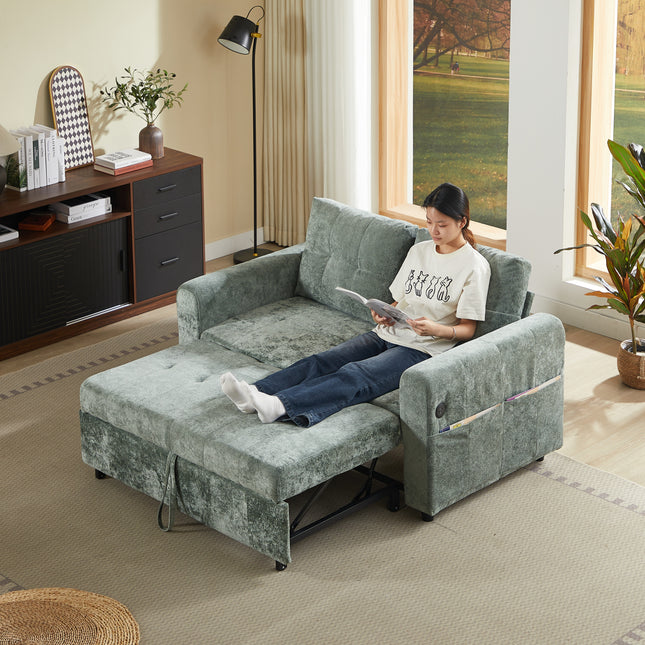 58.27' Loveseat Sofa Pull out Sofa Bed Tufted Sleeper Sofa with an Adjustable Backrest, Three USB Ports and Two Lumbar Pillows for Living Roo, Green