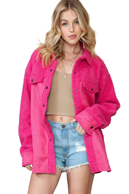 Rosy Faux Suede Sherpa Patchwork Button Up Shacket - Eloy Royal