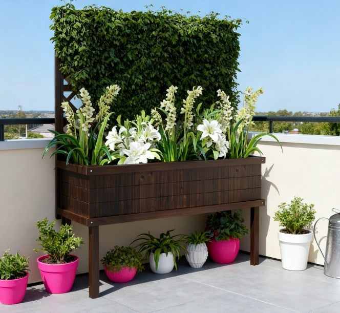 Raised Garden Bed,Elevated Wood Planter with Trellis for Climbing Plants,with Legs and Drainage Holes