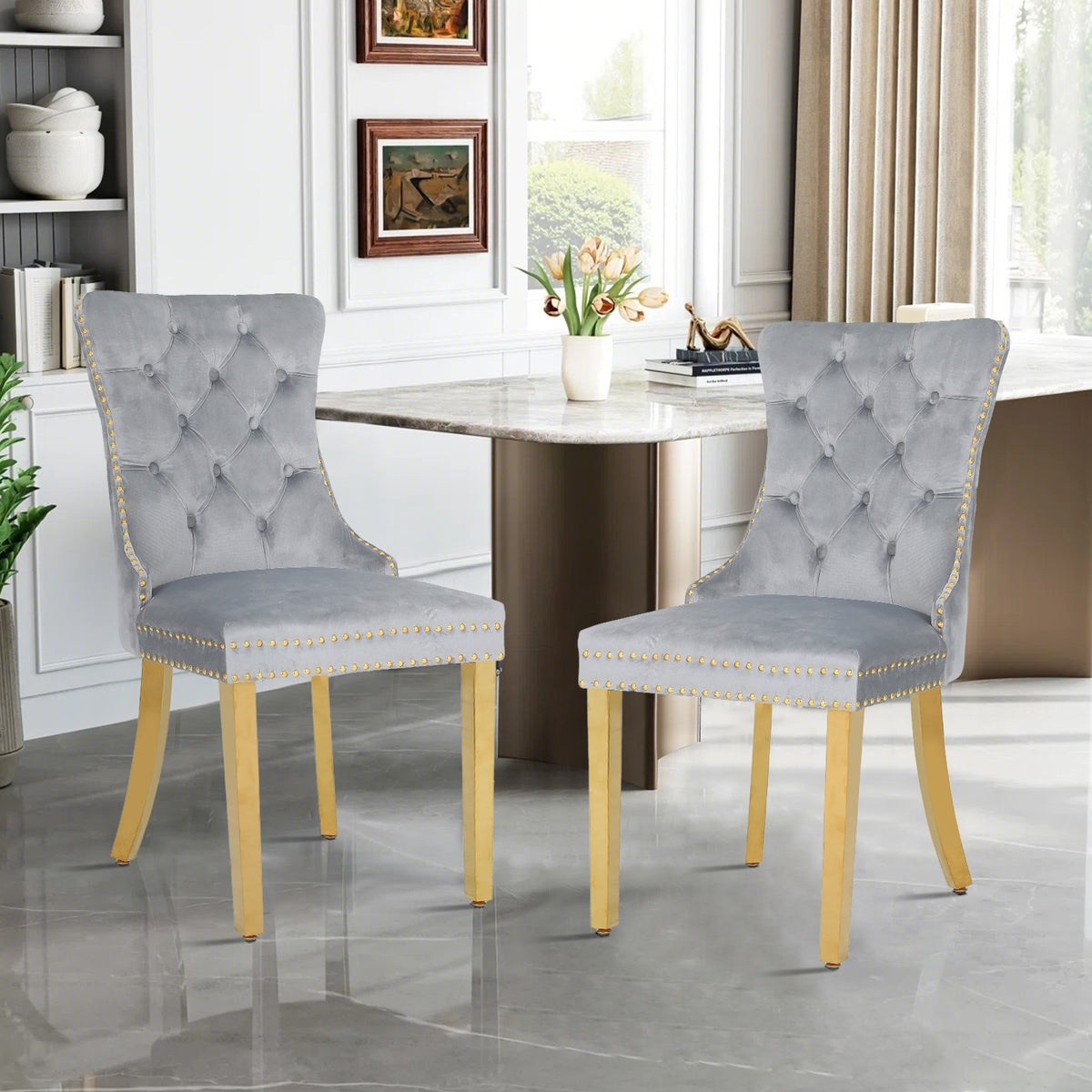 Rubberwood velvet ergonomic chairs, set of 2,GREY