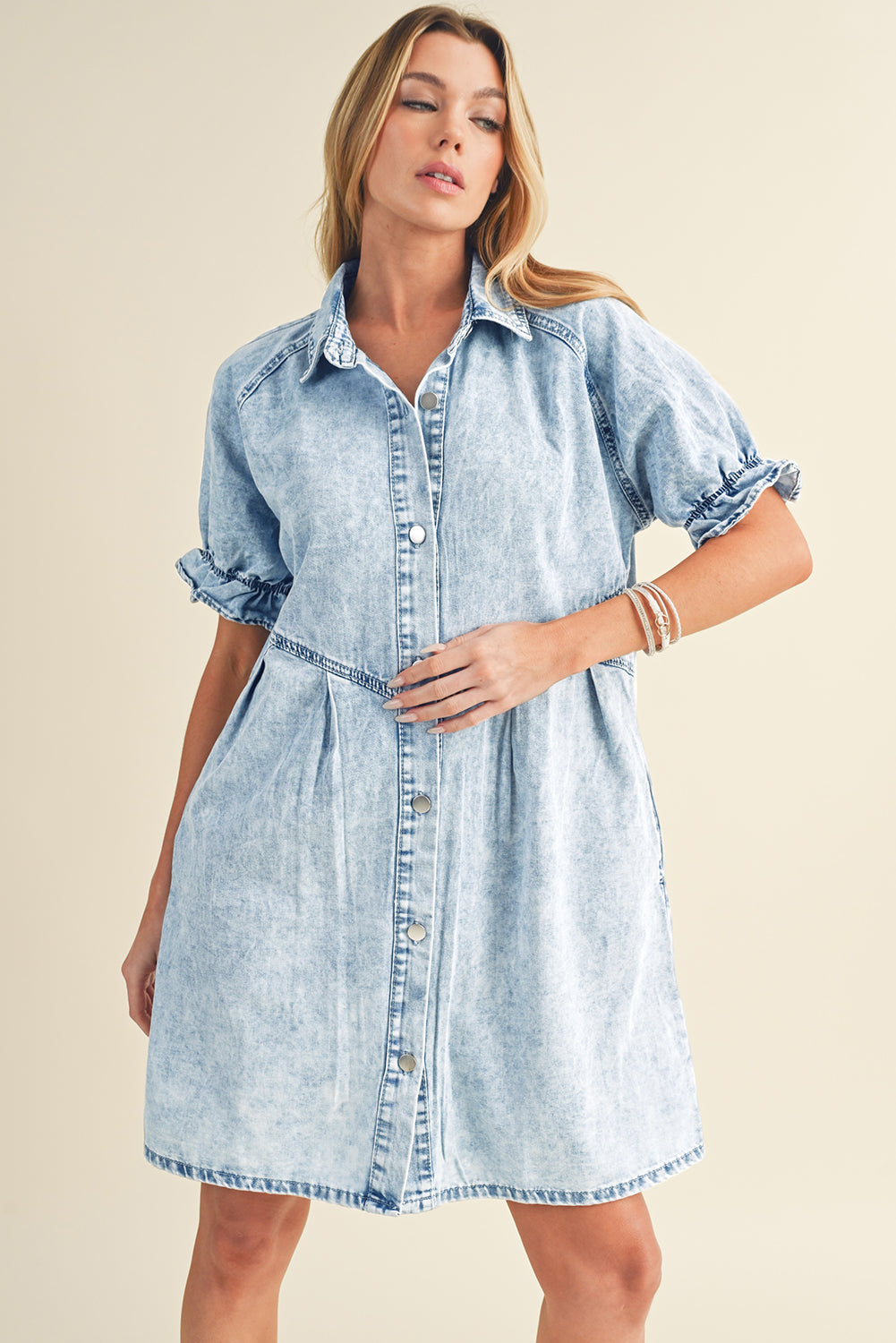 Blue Mineral Washed Ruffled Short Sleeve Pocketed Denim Dress - Eloy Royal