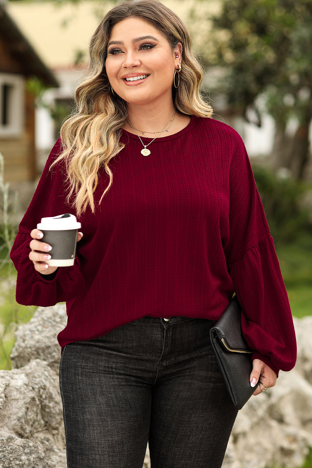 Ruby Plus Size Balloon Sleeve Textured Knit Top - Eloy Royal