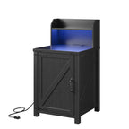 OKD Nightstand with Charging Station, 18 Inch Farmhouse End Table with Barn Door and Adjustable Storage Shelf, Rustic Wood Sofa Side Table w/Magnetic Door for Living Room, Bedroom, Antique Black