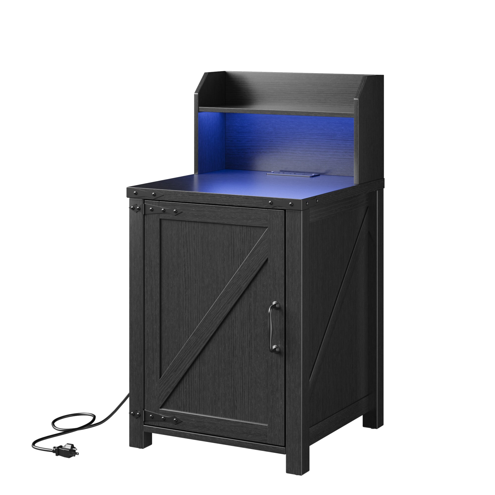 OKD Nightstand with Charging Station, 18 Inch Farmhouse End Table with Barn Door and Adjustable Storage Shelf, Rustic Wood Sofa Side Table w/Magnetic Door for Living Room, Bedroom, Antique Black