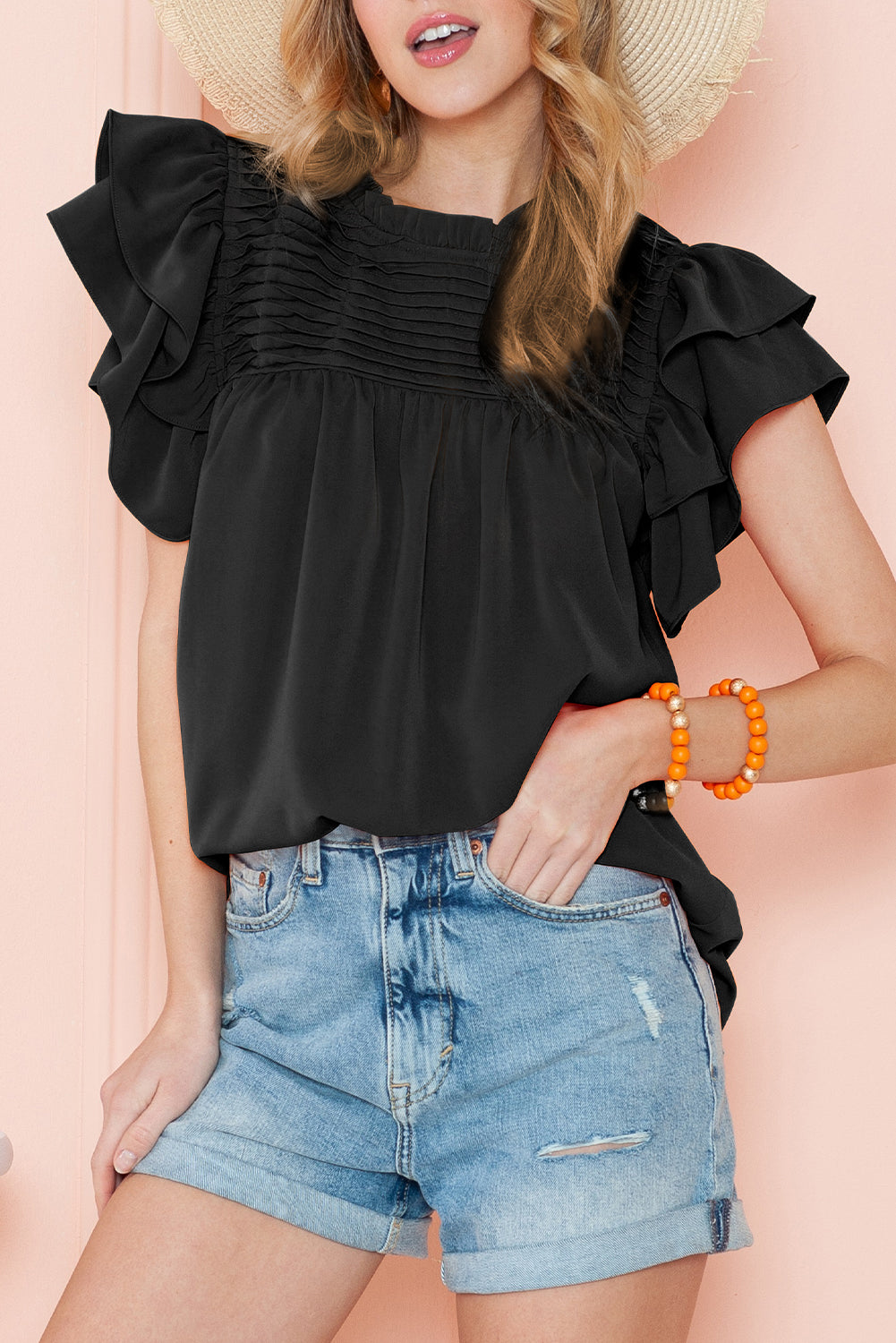 Grapefruit Orange Ruched Frilled Neck Ruffle Blouse - Eloy Royal