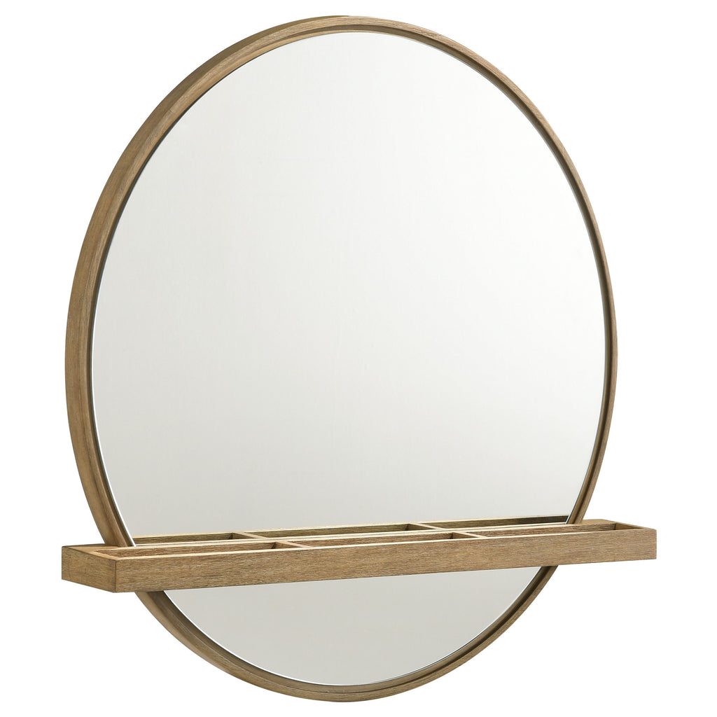 Benson Sand Wash Round Vanity Wall Mirror with Shelf in Warm Wood Finish, 30-inch Diameter with Integrated Storage