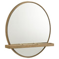 Benson Sand Wash Round Vanity Wall Mirror with Shelf in Warm Wood Finish, 30-inch Diameter with Integrated Storage