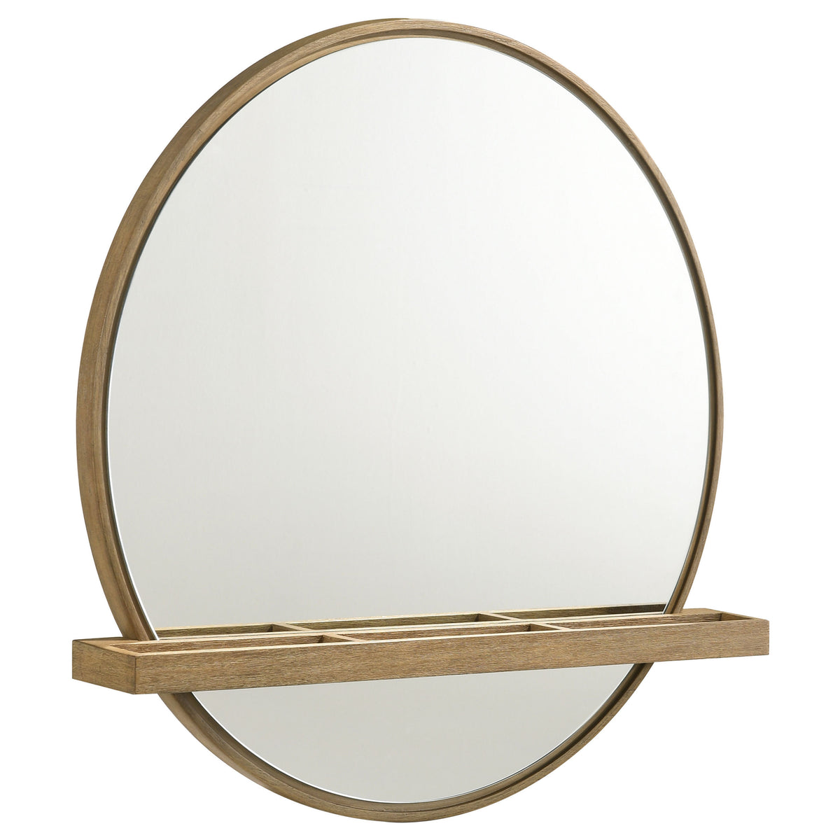 Benson Sand Wash Round Vanity Wall Mirror with Shelf in Warm Wood Finish, 30-inch Diameter with Integrated Storage