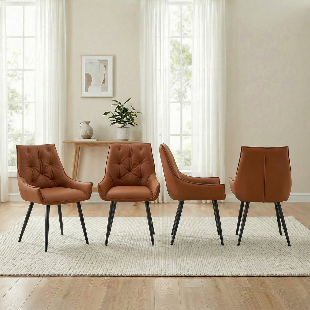 Dining Chairs Set of 4, Camel Faux Leather Dining Room Chair, Metal Kitchen Chairs with Gold Mesh Texture and Black Sanded Legs, Flat Back Upholstered Chair (Camel, Set of 4)