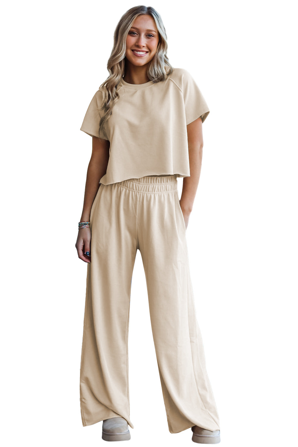 White Raw Hem Loose Tee and Wide Leg Pants Set - Eloy Royal