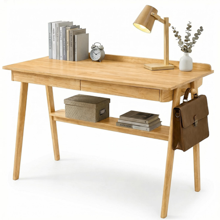 Solid Wood Writing Desk, Home Office Desk for Small Spaces, Mid Century Modern Desks with 2 Drawers & Storage Shelf, Standing Desk with Side Hooks for Study, Bedroom, Office (Wood)