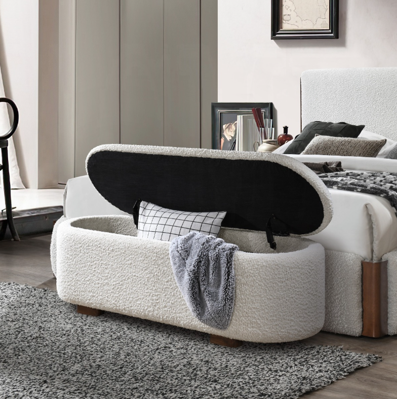 Sandro Beige Bouclé & Walnut Bench w/Storage