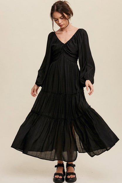 Black V Neck Bowknot Cutout Frill Tiered Maxi Dress - Eloy Royal