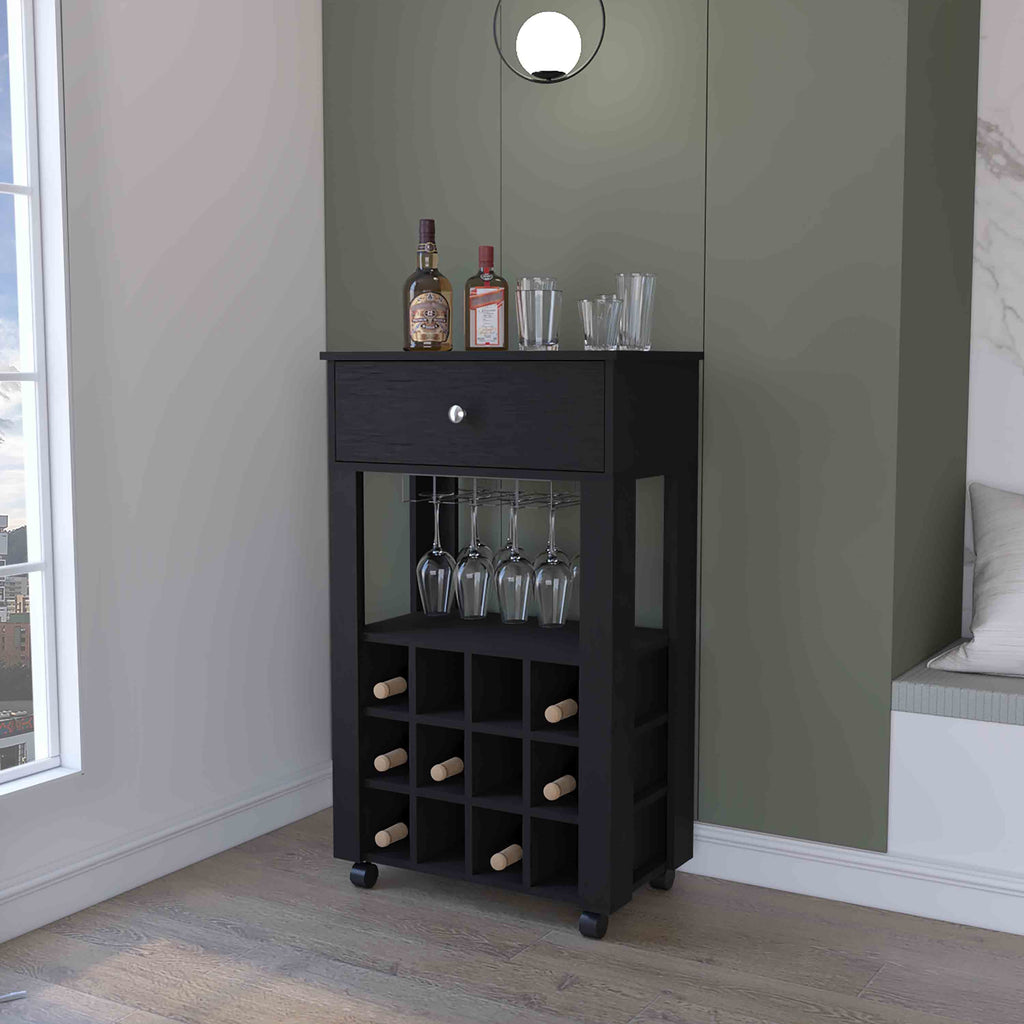 Ace Bar Cart, With Twelve Built-in Wine Rack, Casters, Drawer, Glass Rack-Black