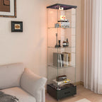 Modern Glass Display Cabinet with Drawer , Quick-assembly Antique Cabinet with LED lights, Tempered Glass Bookshelf, 1-Door Storage Case with 4 Shelves for Living Room and Bedroom, black - Eloy Royal