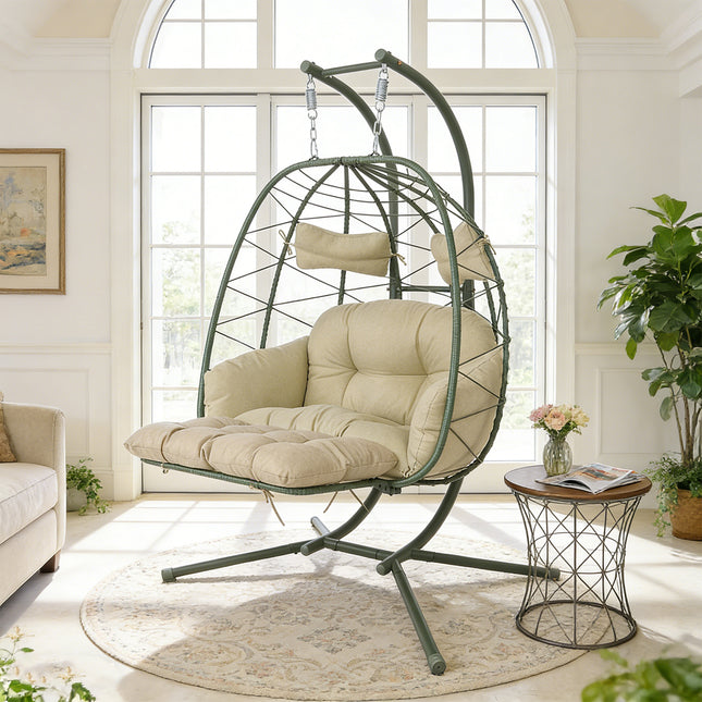 2 Person Hanging Egg Chair with Stand, Double Outdoor Wicker Swing Chair with Adjustable Footrest & Thickened Cushions for Patio Garden Balcony