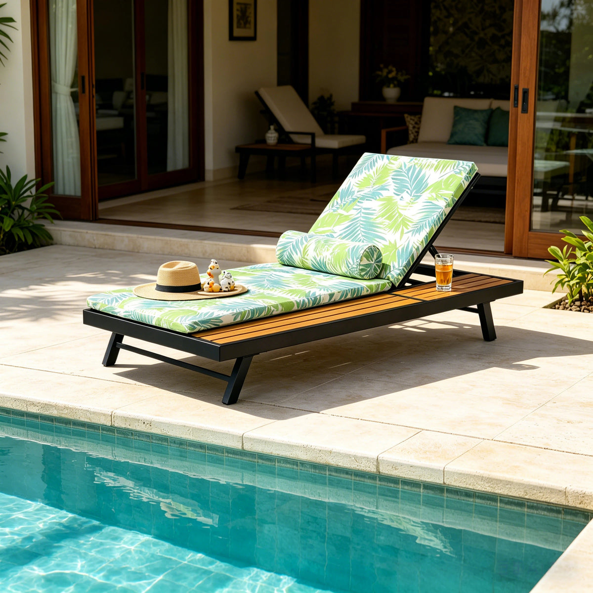 Black Iron + Teak Finish Outdoor Chaise Lounge Set with Leaf Coconut Cushion,  2' Thick 2-Fold Water-Resistant Cushion, Adjustable Backrest with Flat Storage Surface for Patio Poolside Backyard