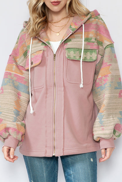 Light Pink Geometric Patchwork Hooded Zip Up Jacket - Eloy Royal