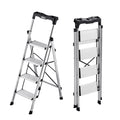 4 Step Ladder, Folding Step Stool with Wide Anti-Slip Pedal and Comfort Handgrip, 330 lbs Capacity Portable Aluminum Stepladder, Multi-Use for Kitchen, Home, Warehouse and Office, Silver