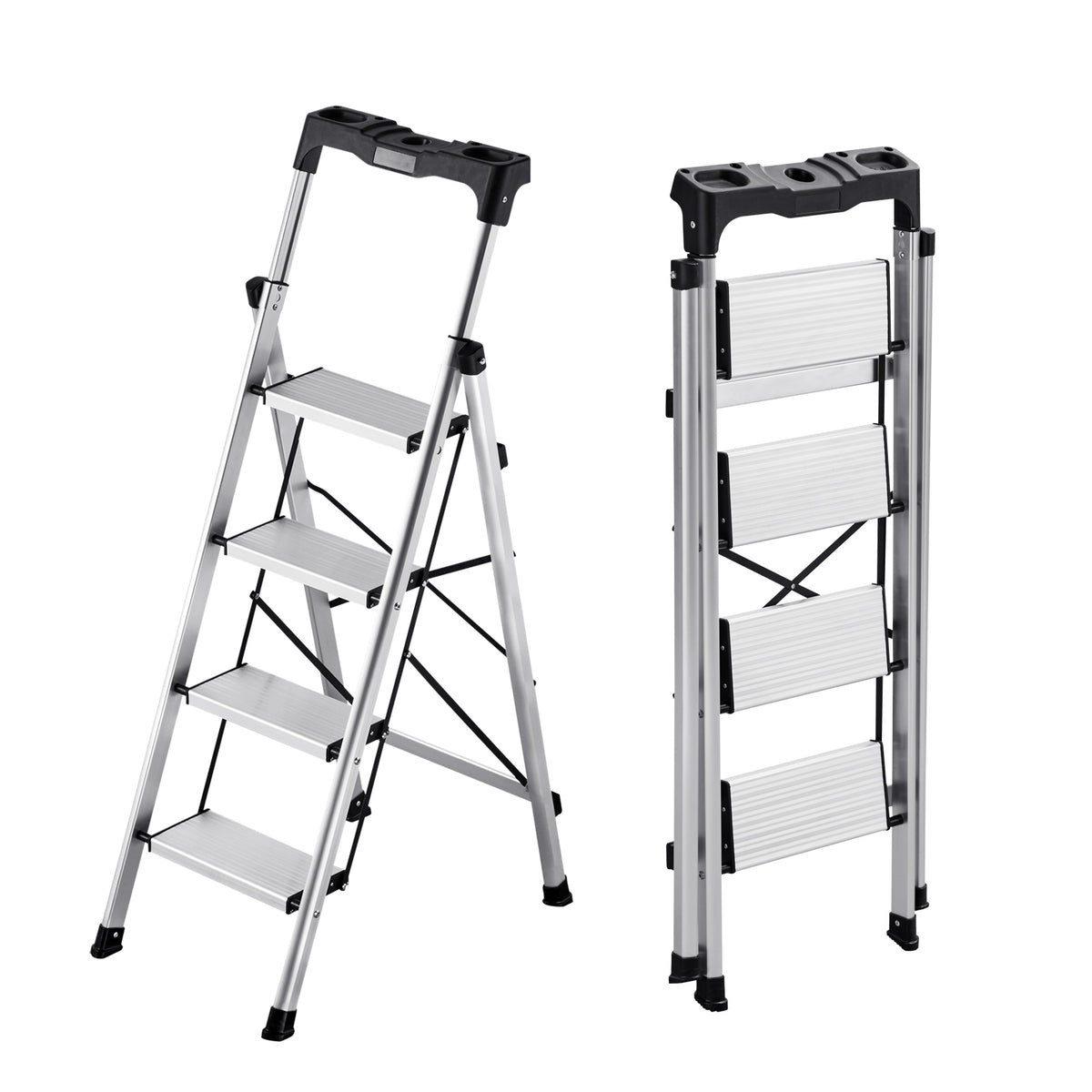 4 Step Ladder, Folding Step Stool with Wide Anti-Slip Pedal and Comfort Handgrip, 330 lbs Capacity Portable Aluminum Stepladder, Multi-Use for Kitchen, Home, Warehouse and Office, Silver