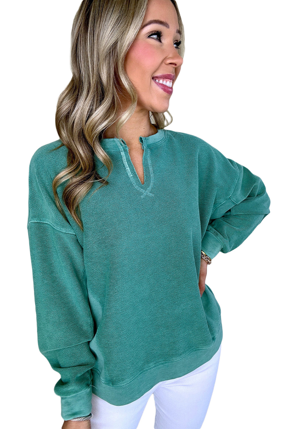 Bright Pink Notched Neck Exposed Seam Drop Shoulder Sweatshirt