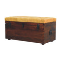Solid Wood Walnut Storage Trunk Bench with Tan Leather