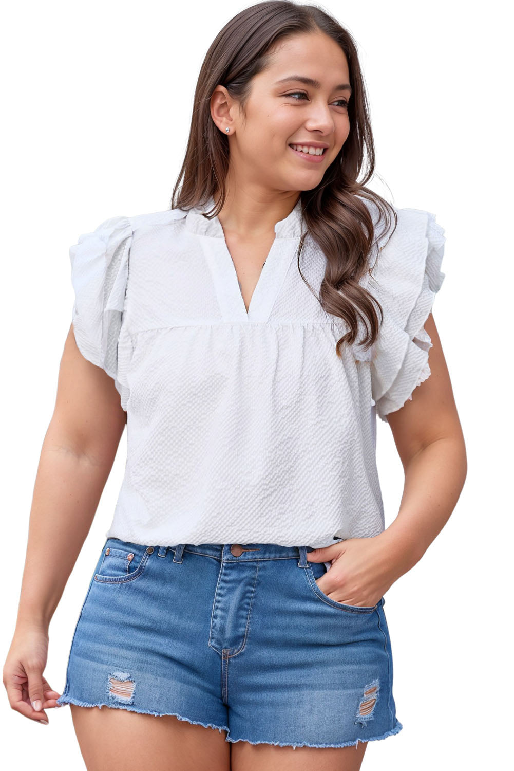 White Textured Ruffle Flutter Sleeve Plus Size Blouse - Eloy Royal