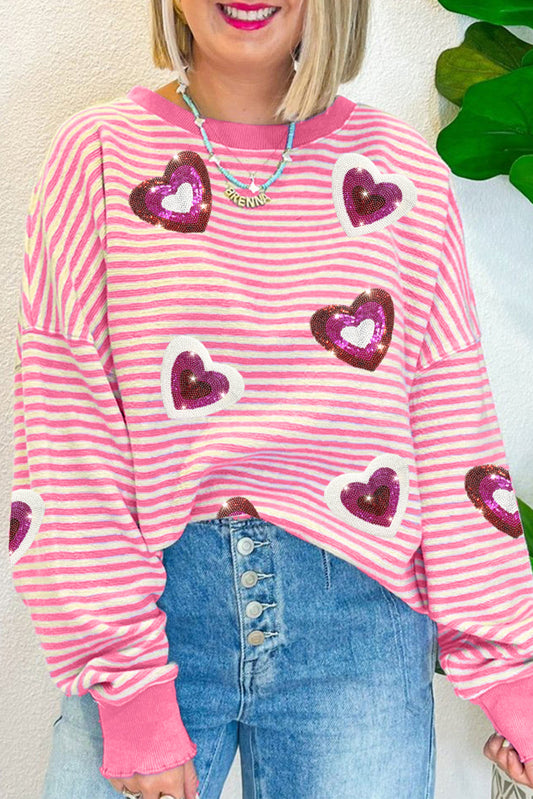 Pink Stripe Sequin Heart Patches Pattern Long Sleeve Valentines Top