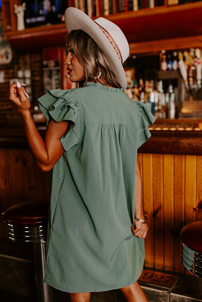 Black Ruffle Sleeve V Neck Frilled Shift Dress - Eloy Royal