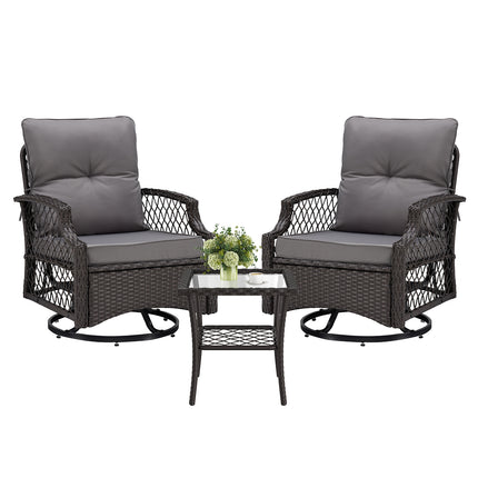 3-Piece Patio Furniture Set, Wicker Outdoor Bistro Set Swivel Glider Patio Chairs x 2 with Cushions, Side Table x 1, High Back All-Weather Rattan Outdoor Furniture for Porch, Backyard