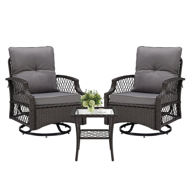 3-Piece Patio Furniture Set, Wicker Outdoor Bistro Set Swivel Glider Patio Chairs x 2 with Cushions, Side Table x 1, High Back All-Weather Rattan Outdoor Furniture for Porch, Backyard