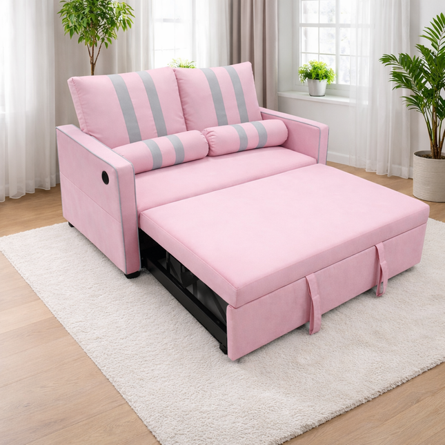 Pink 2-Seater Pull-Out Sofa Bed, Convertible Sleeper Sofa Couch with USB Charging Port on Armrest, Elastic Side Storage Pocket, 3-Level Adjustable Backrest, High-Density Foam Cushioning, Easy Assembly