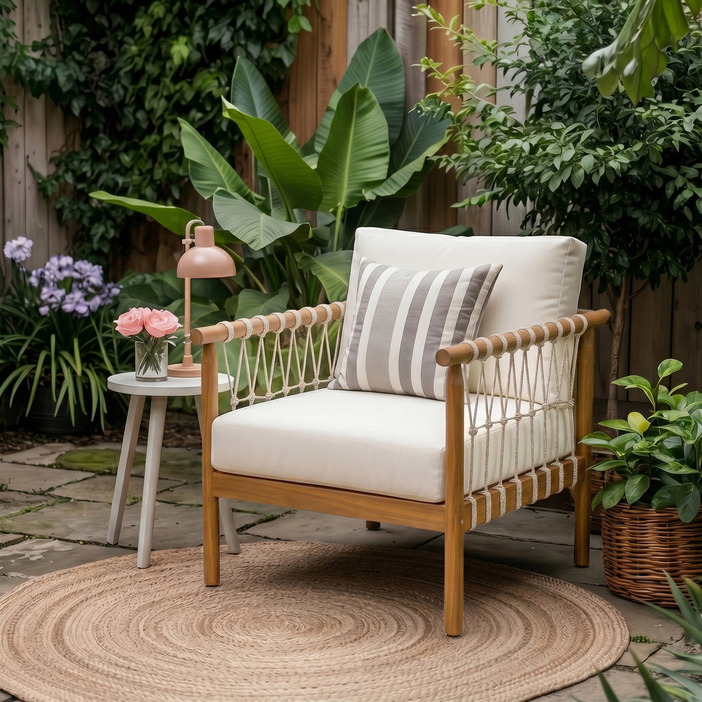 Teak Finish Acacia Wood Rope Club Armchair, Oversized Outdoor Lounge Chair for Patio, Backyard with Cream Cushions