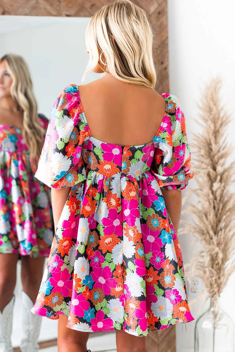 Rose Floral Print Square Neck Short Puff Sleeve Dress - Eloy Royal