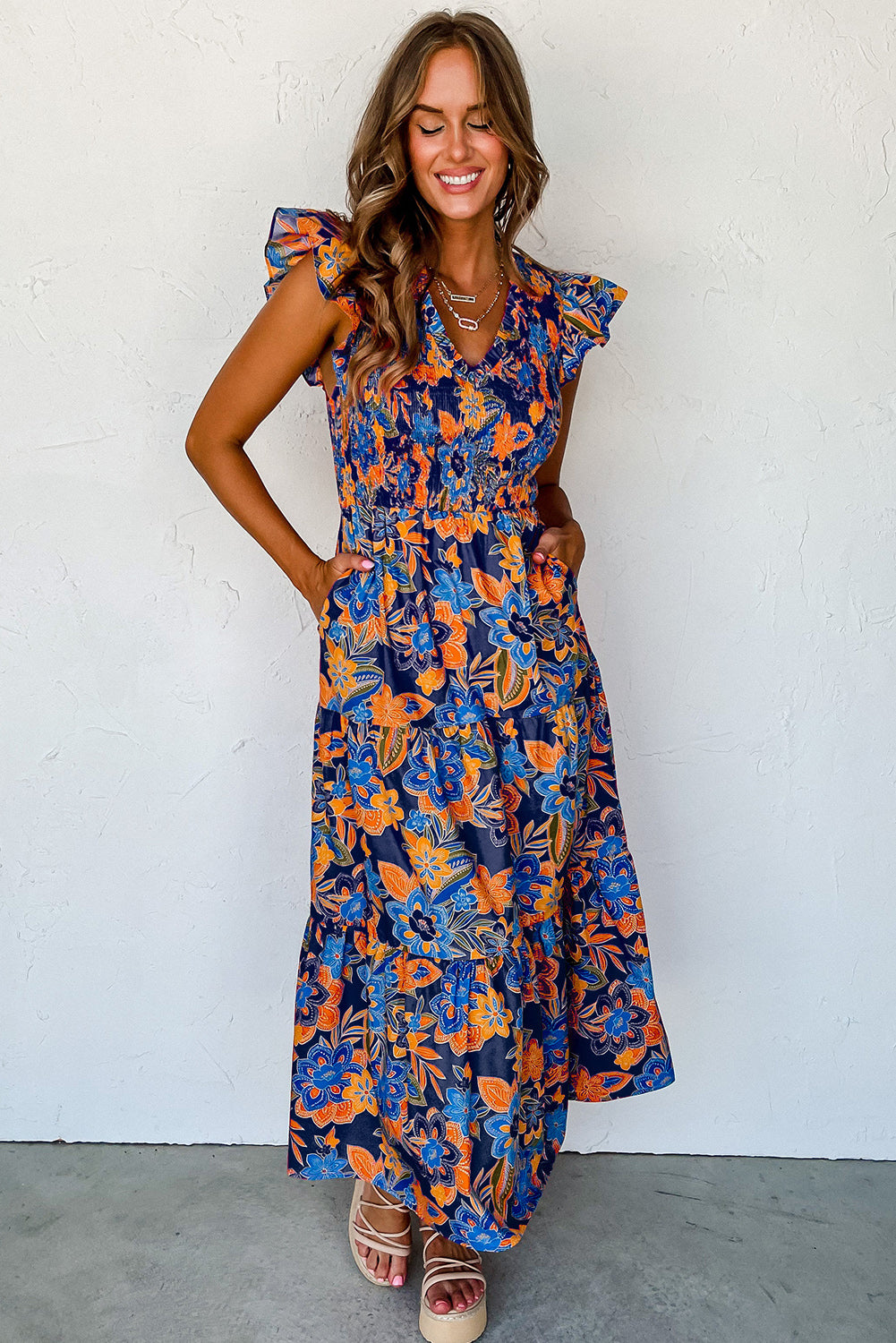 Dark Blue Boho Floral V Neck Ruffle Tiered Long Dress - Eloy Royal