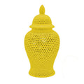 Deni 25 Inch Ginger Jar, Carved Cutout Lattice, Removable Lid, Yellow