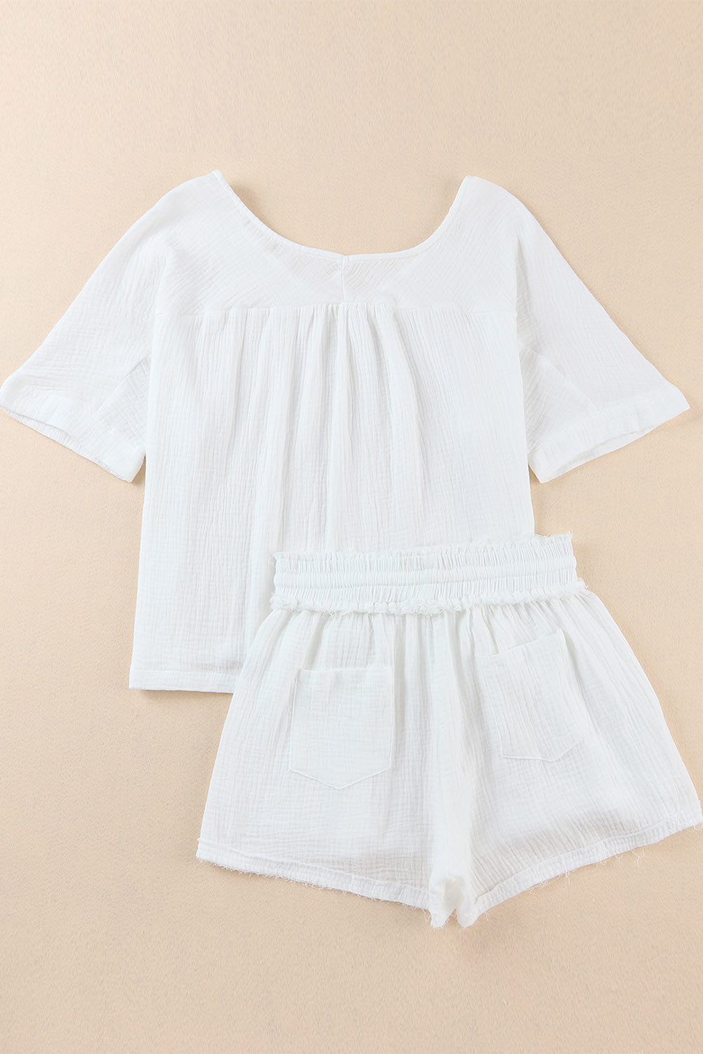 White Loose V Neck Blouse & Drawstring Raw Hem Shorts Set - Eloy Royal