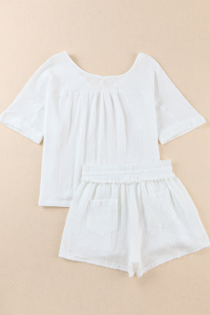 White Loose V Neck Blouse & Drawstring Raw Hem Shorts Set - Eloy Royal