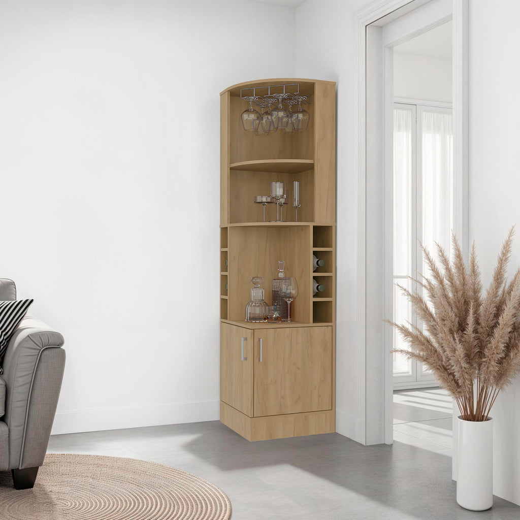 Page Corner Bar Cabinet with Wine Storage and Glass Rack, Natural Oak