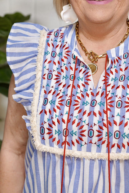 Sky Blue Striped Embroidered Tassel Tie Neck Ruffle Trim Plus Blouse - Eloy Royal