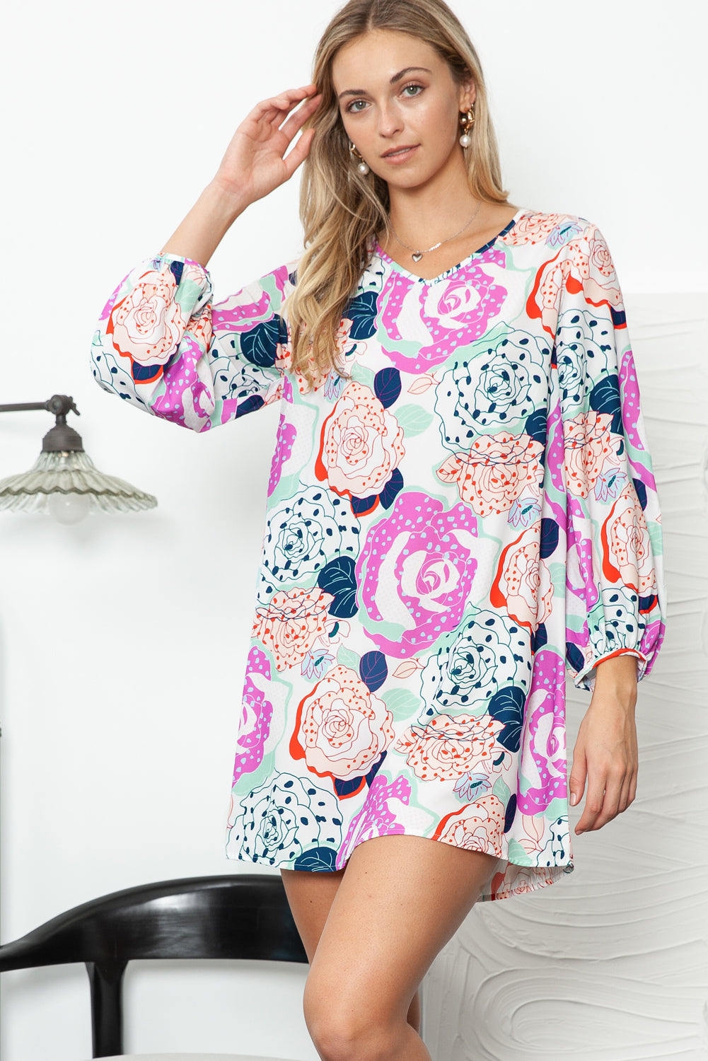 Multicolor Floral Print V Neck Bohemian Tunic Dress - Eloy Royal