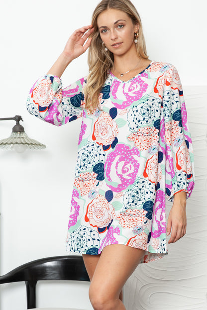 Multicolor Floral Print V Neck Bohemian Tunic Dress - Eloy Royal