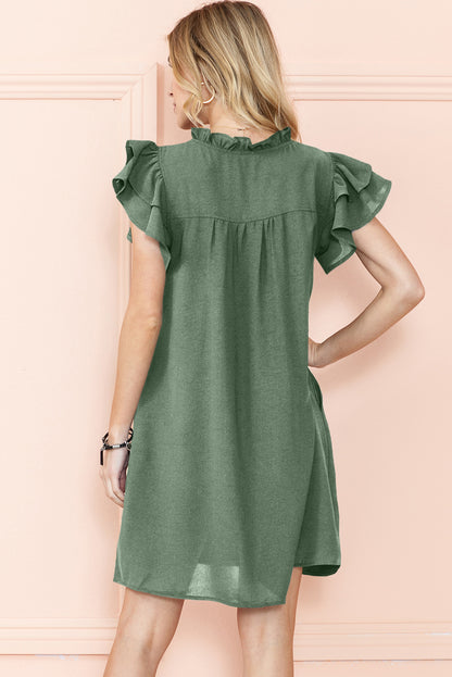 Black Ruffle Sleeve V Neck Frilled Shift Dress - Eloy Royal