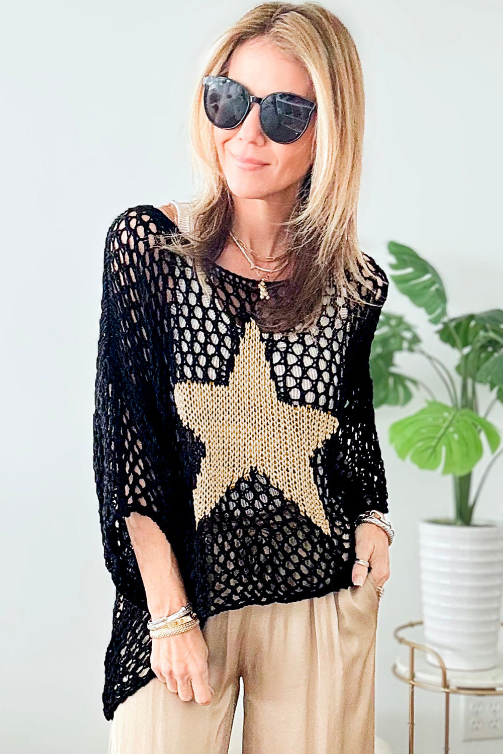 Black Star Hollow Knitted Oversized Summer Tee - Eloy Royal