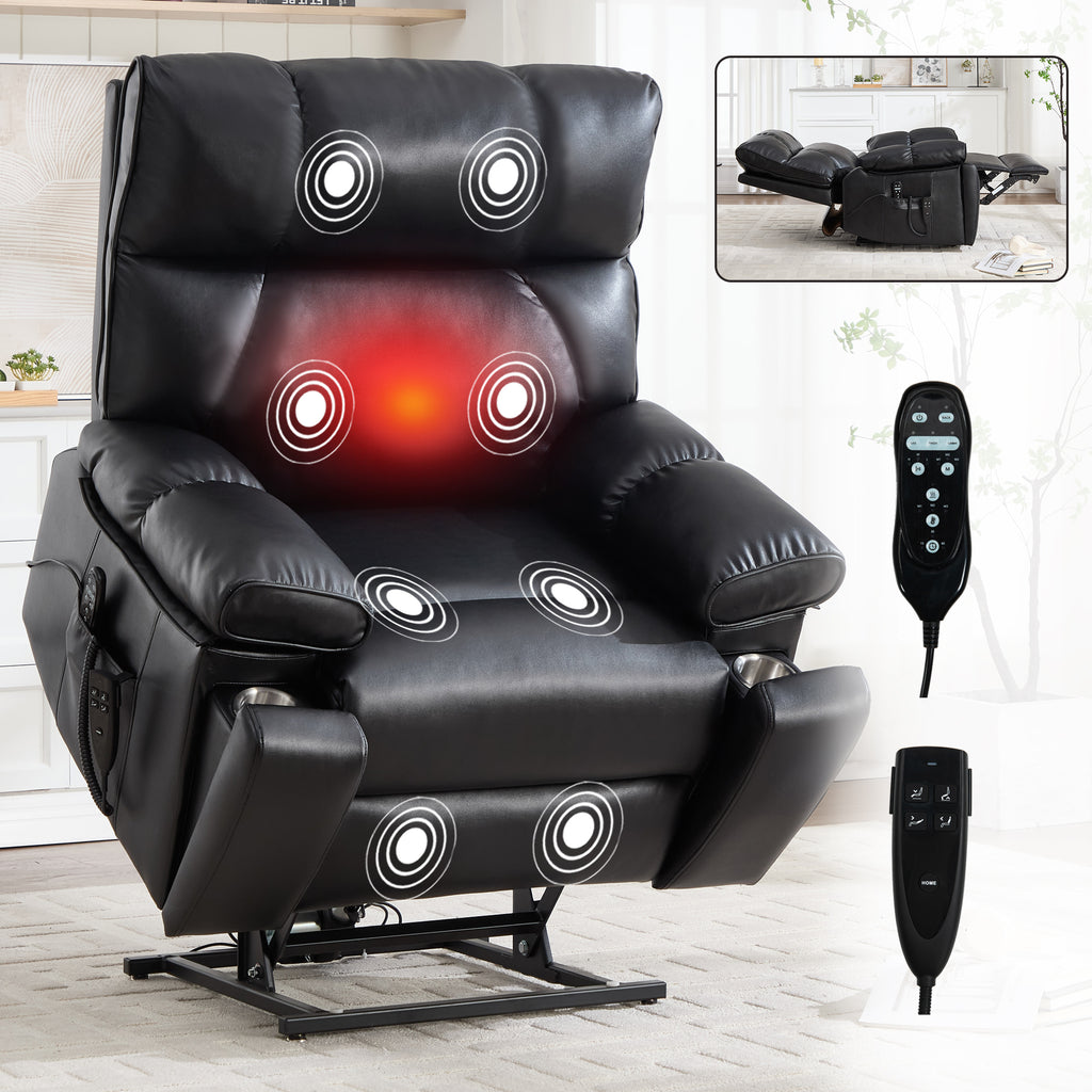 Black Leatheraire Heat Massage Dual Motor Infinite Position Up to 350 LBS Large Electric Power Lift Recliners with Hidden Cup Holders, Power-Remote, Medium-firm and Heavy Duty