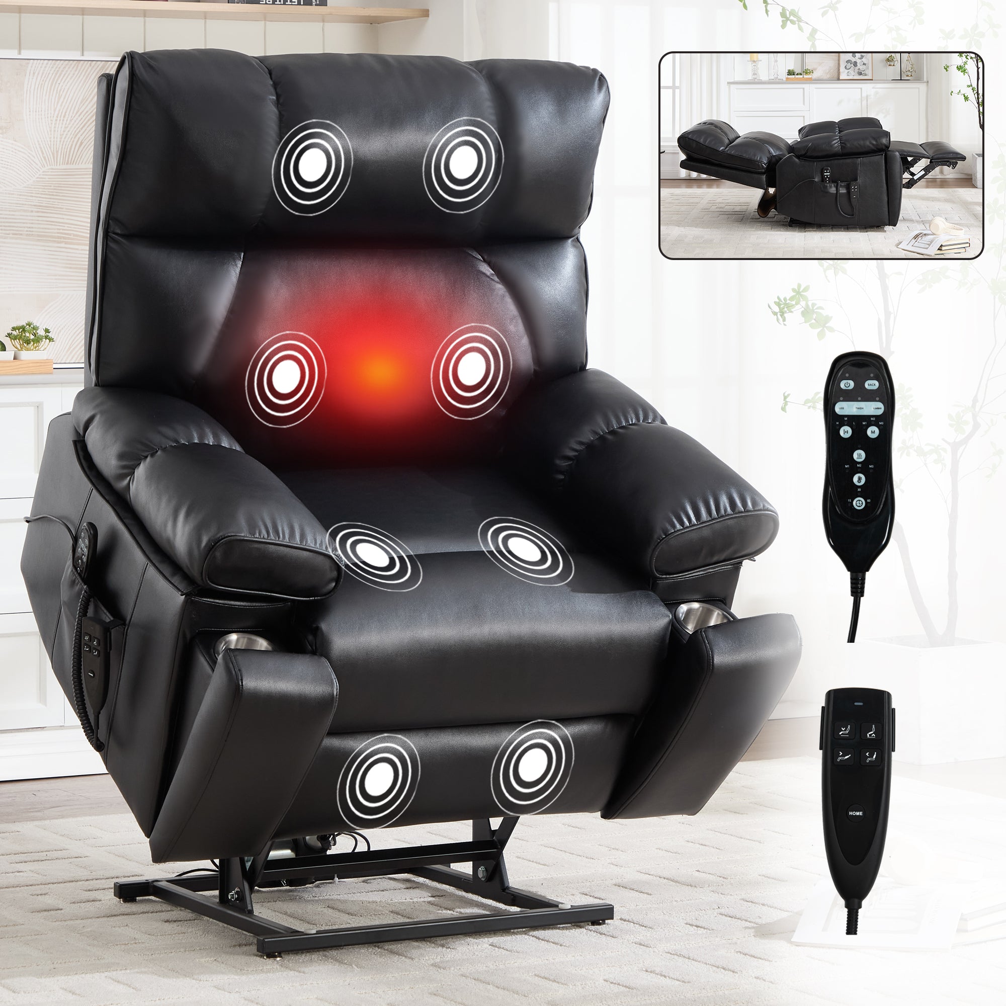 Black Leatheraire Heat Massage Dual Motor Infinite Position Up to 350 LBS Large Electric Power Lift Recliners with Hidden Cup Holders, Power-Remote, Medium-firm and Heavy Duty