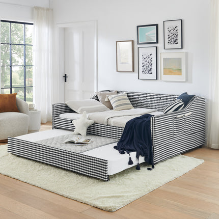 Full‑Size Daybed,Upholstered Convertible Daybed with Tufted Button Backrest, 3‑in‑1 Versatile Sofa Bed with Pull‑Out Trundle & Side Storage, Perfect for Compact Living-Black